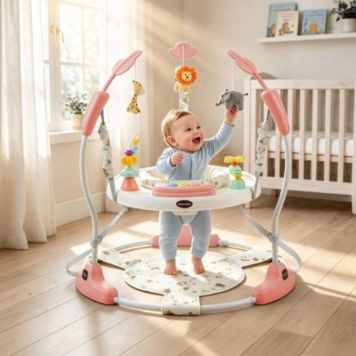 TODECARE 3-in-1 Baby Activity Jumper – 360° Rotating Seat, 3-Level Adjustable Height, Interactive Toys, Removable Foot Mat, Pink