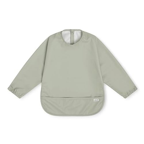 Lalo Long Sleeve Baby Bib, Waterproof, Elastic Cuffs, Large Catch-All Pocket, Recycled Polyester, Ages 6-24 Mo., Sage