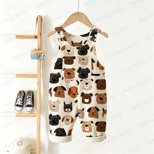 Baby Toddler Cartoon Dog Print Beige Overalls