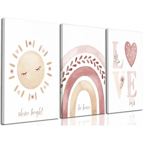 3 Pcs Nursery Canvas Wall Art Pink Sun Rainbow Hearts Posters Prints Boho Kids Room Pictures Wall Decor for Toddlers Children Baby Girl Bedroom Home Decoration