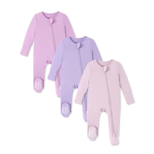 PATPAT 3 Pack Bamboo Viscose Baby Footed Pajamas with Anti-Grips, NB-2T | Fold-Over Mittens, 2-Way Zipper, Super Soft Fiber, Stretchy and Breathable