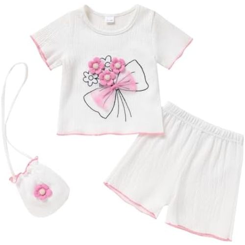 YOUNGER TREE Toddler Baby Girl Clothes Summer Ruffle Short Set Flower Short Sleeves T-Shirt Tops + Shorts Cute Outfits Set