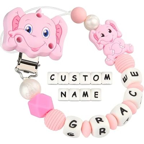 Clip de chupete personalizado con nombre de elefante para bebés niños y niñas (rosa)