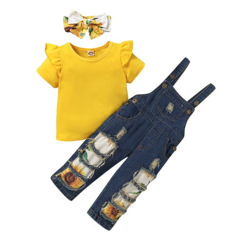 Infant Baby Girl Clothes Baby Girl Outfits Ruffle Short Sleeve Shirt Overalls Jeans Pants Headband 3PCS Clothing Set 6-9 Months