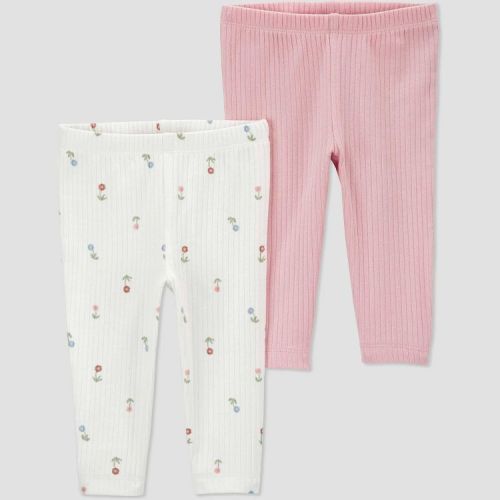Carter's Just One You® Baby Girls' 2pk Pants - Pink/Ivory 12M: Cotton Blend, Slim Fit, Elastic Waist, Stripe Pattern