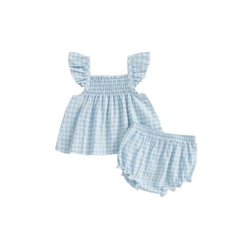 BemeyourBBs Infant Baby Girls Summer Clothes Plaid Gingham 2 Pieces Smocked Outfit Fly Short Sleeve Camisole Tank Vest Top with Elastic Waist Shorts Set