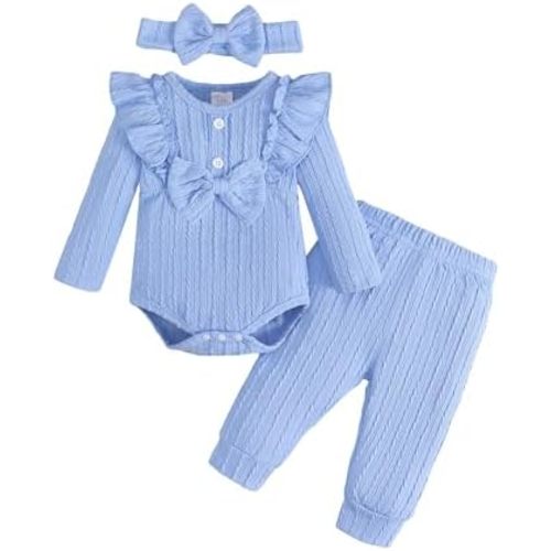 SUNNY PIGGY Baby Girl Clothes Newborn Infant Romper Ruffle Baby Girl's Outfit Knit Texture Fall Winter Clothing Pants Set