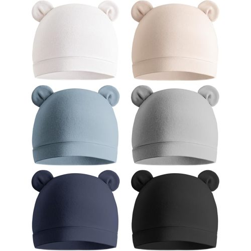 Konssy 6-Pack Baby Newborn Hats with Bear Ears Baby Beanie Hats - Soft Caps for Infant Boys & Girls, 0-3 Months
