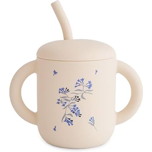 mushie 100% Silicone Training Cup & Straw for Toddlers | 6 Months+ (Lilac Flowers)