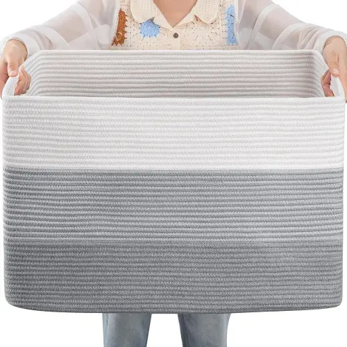 OIAHOMY Large Cotton Rope Basket, Rectangle Woven Baskets for Storage, Nursery Blanket Basket Living Room, Toy Basket With Handle, Baskets for Organizing-24.8”x15.7”x15.7”-Gradient Grey