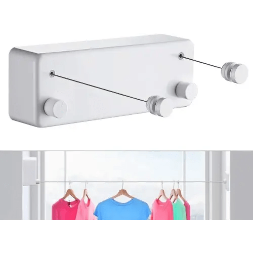 Retractable Clothesline-Clothes Line Retracting Indoor-Clothes Drying Line-Double Retractable Clothes Lines for Hanging Clothes Outdoor with 13.8 Ft Steel Wire, Clothing Line/Laundry Line, White