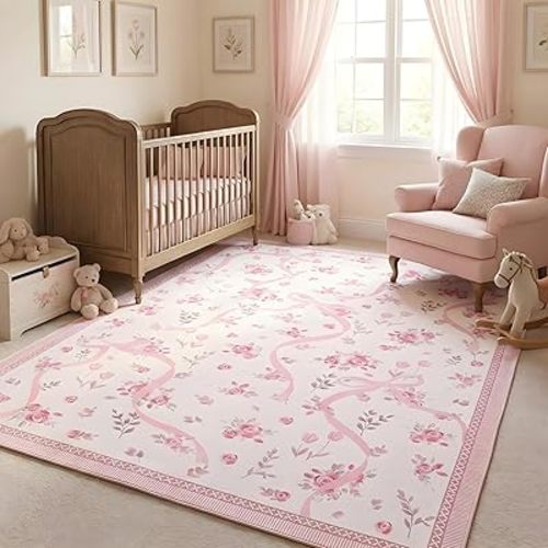 GarveeHome Pink and White Bow Rugs for Bedroom Girls, 4x6 Rug for Living Room with Soft Low Pile, Floral Washable Pink Area Rug for Nursery Kids Playroom Dorm Office Carpet Bow Decor
