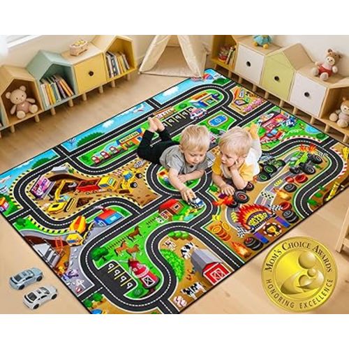 Kids Rug, 5x7 FT Non-Slip Monster Truck Play Rug, Extra Thick (0.4in), Educational LearningTraffic Road Car Carpet for Nursery, Classroom, Playroom & Bedroom