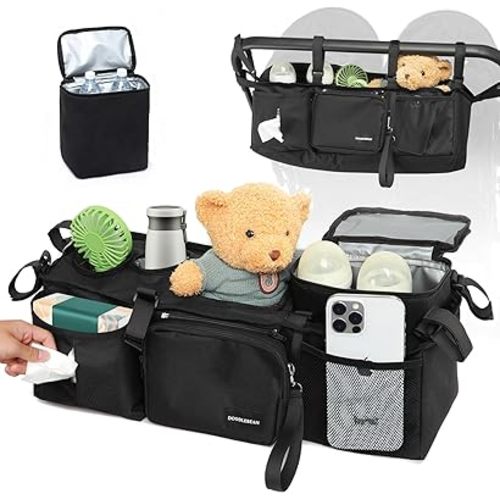 Double Stroller Organizer for Bob Duallie with 2 Insulated Cup Holders & Cooler Bag, Baby Jogger City Mini Gt2 Jeep Double Stroller Caddy Accessories, Universal Parent Console Stroller Organizer