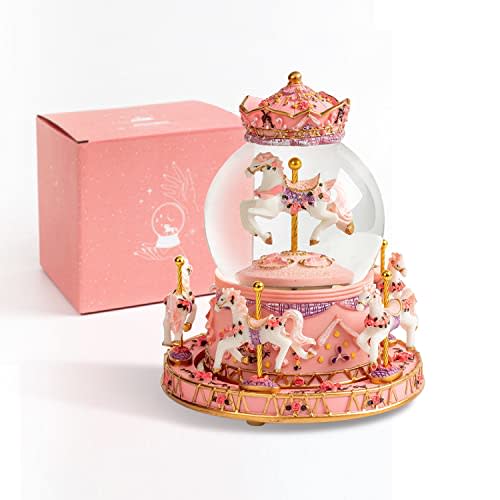 Pink Carousel Music Box Snow Globe, Rotating Horse Globe with LED Light | Pink carousel globe with rotating horses, LED lights and sweet melody. A magical keepsake gift for girls and loved ones.