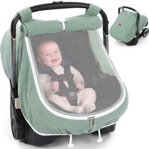 Baby Car Seat Cover, Caveen Muslin Infant Carseat Canopy, with Breathable Mesh Window, Universal Fit Most Car Seats, Green