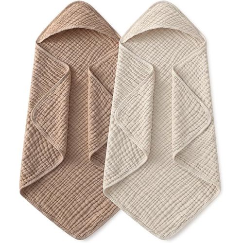 Yoofoss Hooded Baby Towels for Newborn 2 Pack 100% Muslin Organic Cotton Baby Bath Towel with Hood for Babies, Infant, Toddler and Kids, 32x32Inch, Soft and Absorbent Newborn Essential, Beige&Coffee