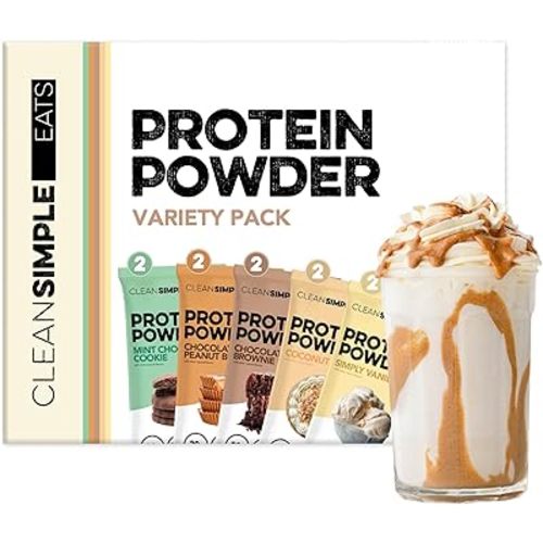 Clean Simple Eats Whey Protein Powder, Variety Pack, Naturally Sweetened Flavors, 100% Grass Fed Protein Powder with Digestive Enzymes & No Artificial Ingredients, Gluten Free, 10 Single Serve Packs