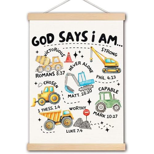 DNEULYR Construction Christian Canvas Wall Art, Excavator Religious Wall Decor, God Says I am Bible Verse Prints Poster for Toddler Little Boys Room Nursery Playroom, 12x16 Inches