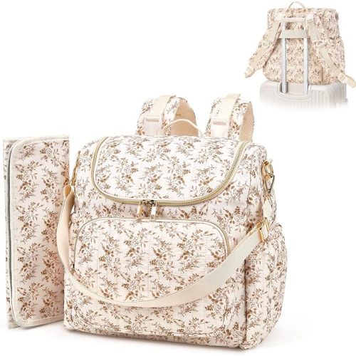 Quilted Floral Diaper Bag Backpack, Cute Mom Travel Diaper Backpack Purse