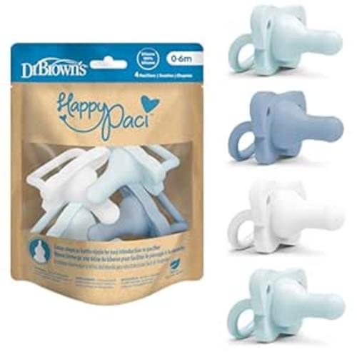 Dr. Brown's HappyPaci 100% Silicone Baby Pacifier, Contoured One-Piece Design, Blue/Light Blue/White, 0-6m, BPA-Free, 4-Pack