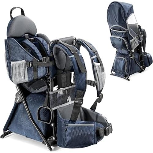 besrey Baby Backpack Carrier, Toddler Hiking Backpack with Safety 3-Height Seat, Adjustable Straps&Waist Belt, Foldable Frame Lightweight Large Capacity Child Carrier for Hiking (Blue)