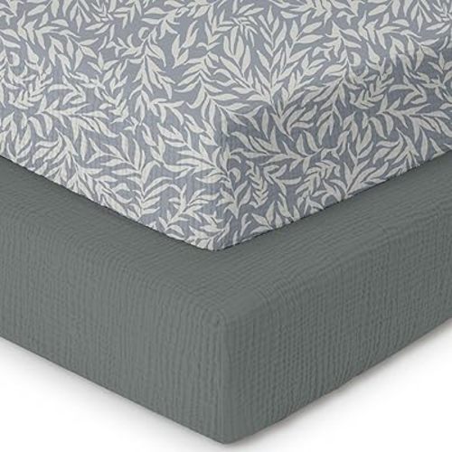 Muslin Crib Sheets–100% Organic Cotton Baby Sheets for Boys & Girls,2 Pack Muslin Mini Crib Sheets for Toddler Mattress,Breathable Crib Mattress Sheets 28''x52''(Leaf)