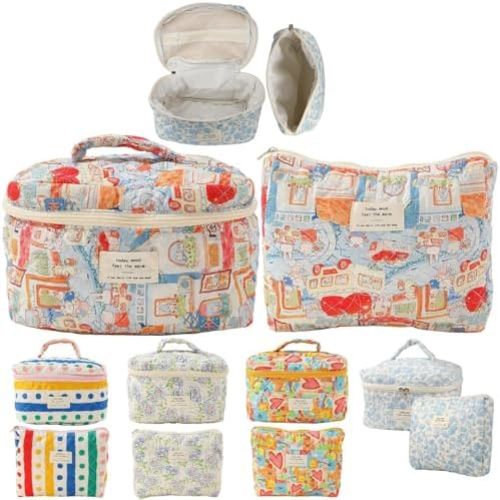 Makeup Bag Travel Essentials Quilted Cosmetic Toiletry Pouch Organizer Insert for Women Dorm Room Essential Gift Large Capacity Opening Lightweight Cute Aesthetic Portable 2PCS (Rabbit)