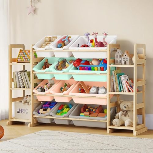 Extra Large Toy Storage - Toy Storage Organizer, Wooden Toy Organizer with 6 Side Shelves and 12 Bins, 3-in-1 Bookshelf for Kids Rooms, Playroom, Nursery, White