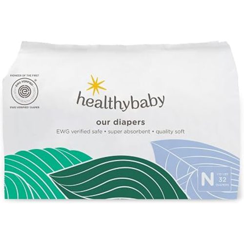 HealthyBaby Non-Toxic Diapers for Sensitive Skin - Size NB, 32 Count