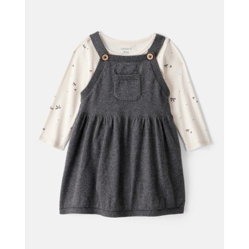Baby Girl Bow Print Cotton Long-Sleeve Dress Set - Grey