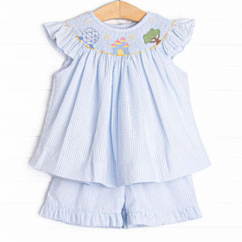 Amusement Park Adventures Smocked Ruffle Short Set, Blue Seersucker – Stitchy Fish