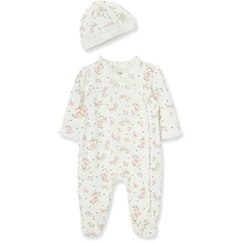 Little Me Clothes for Baby Girls 100% Cotton Scratch-Free Tag Footed One-Piece Romper and Hat Sleeper Set