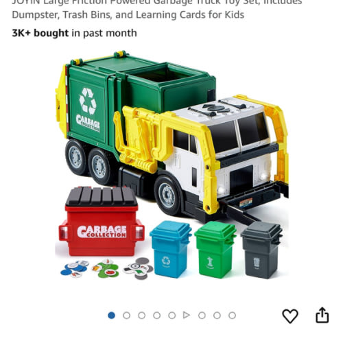 JOYIN Large Friction Powered Garbage Truck Toy Set, Includes Dumpster, Trash Bins, and Learning Cards for Kids
