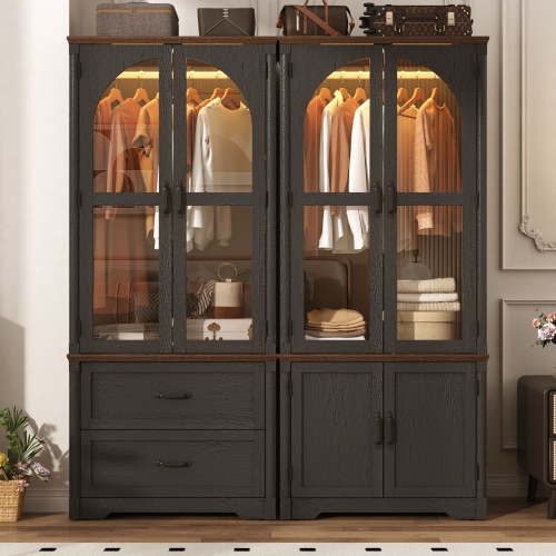 ChVans Farmhouse Armoire Closet for Bedroom with 4 Glass Doors & LED Sensor Light, 72"H Arch Design Wardrobe with Hanging Rods and Drawers