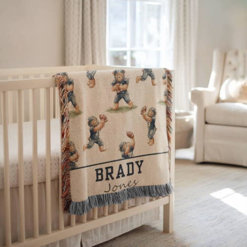 Personalized Vintage Sport Theme Bear Boy Blanket, Football Woven Baby Blanket, Sport Boy Teddy Bear Nursery,Heirloom Newborn Name Blanket