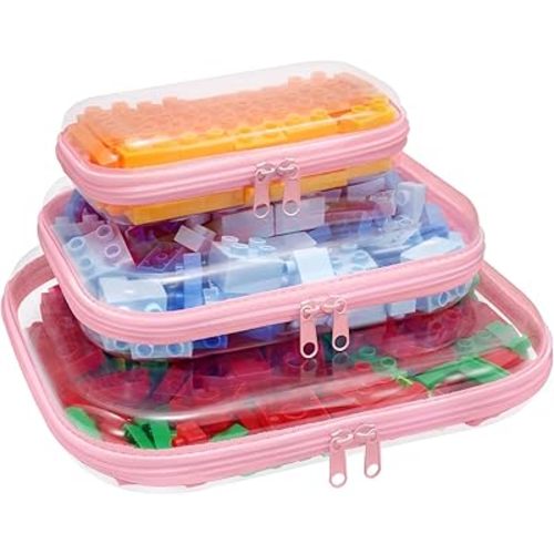 Clear Hard Plastic Zipper Case,Transparent Double Zippers Hard Pouch with 3pcs,Portable Travel Organizer Bin for Toy Storage