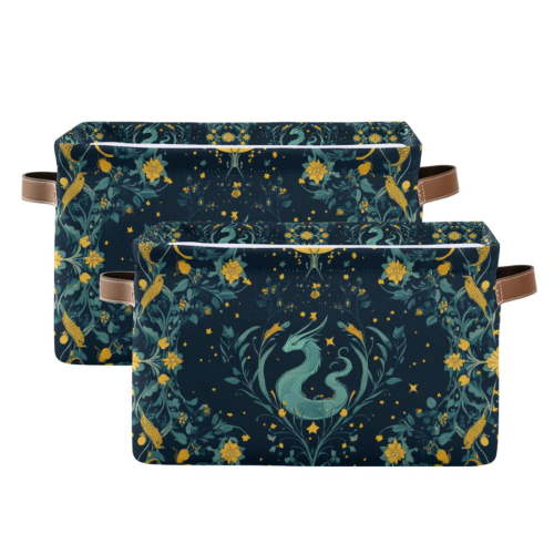Yayeee 2 Pack Canvas Storage Basket with Handles for Shelves Fabric Bins Closet Organizer, Green Dragon Flowers