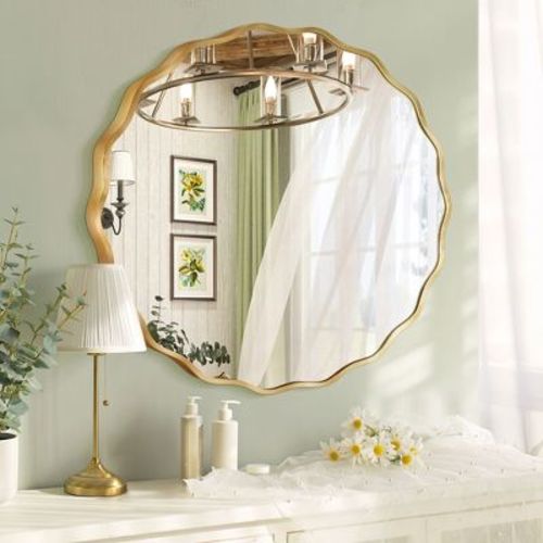 Beautyolove 23.5 in. W. x 23.5 in. H Round Gold Aluminum Alloy Framed Scalloped Wavy Wall Mirror