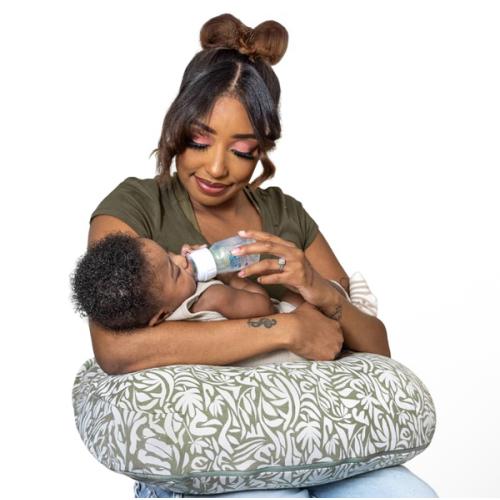 Boppy Nursing Pillow - Ergonomic Bottle & Breastfeeding Pillow, Higher, Firmer & Larger, Water-Repellent with Washable Organic Cotton Cover, Baby Safety Alliance Verified - Green Cut Out Leaves