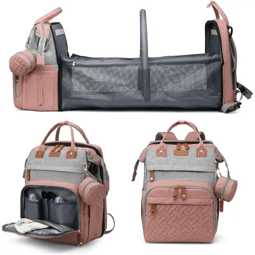 Jeryswet Baby Diaper Bags with Changing Station, Waterproof Large Capacity Diaper Bag Backpack for Moms Dads with USB Charging Port and Stroller Straps, Baby Shower Gifts, Pink-Grey