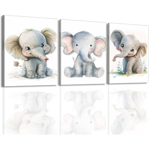 Cute Animal Wall Art Set Of 3 Baby Elephant Painting Nursery Wall Decor Watercolor Animal Posters Artwork For Bedroom Living Room Bathroom Decor Framed(Artwork-4,11"x14"x3pcs)
