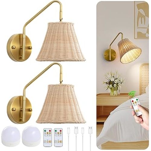 Boho Battery Operated Wall Sconce, 100% Natural Rattan Wall Sconces Set of Two Battery Operated, Adjustable Battery Wall Sconce, Remote Rechargeable Sconce, Wirless Battery Sconces for Bedroom