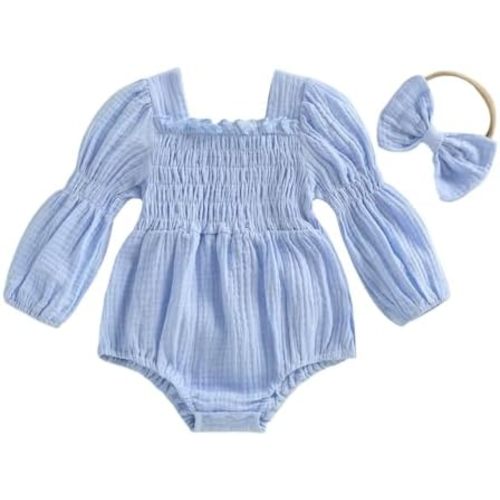 Fsadfeas Smocked Baby Girl Clothes Newborn Bubble Romper Solid Linen Long Sleeve Onesie and Headband Cute Photography Outfits