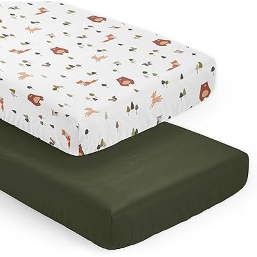 Sweet Jojo Designs 2-Piece Baby Crib Sheets Set (Woodland Animals) for Girls & Boys, Infant Nursery, Toddler Room - Fitted, Standard Size (Solid Green and Watercolor, Forest Animal Friend, Brown Bear)