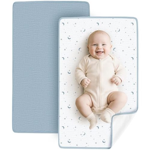 Konssy 2 Pack Waterproof Muslin Cotton Portable Changing Pad 30"x 17", Soft & Foldable Baby Changing Mat Travel Pad with Terry Backing, Shower Gift for Newborn Girls Boys (Blue,Dreamfield Sky)