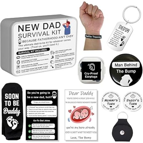 Funny New Dad Gift Set – 8-Piece First-Time Dad Kit for Baby Shower & Gender Reveal – Includes Socks, Decision Coin, Keychain, Guide Card, Wristband & More – Unique Gift for Expecting Fathers!