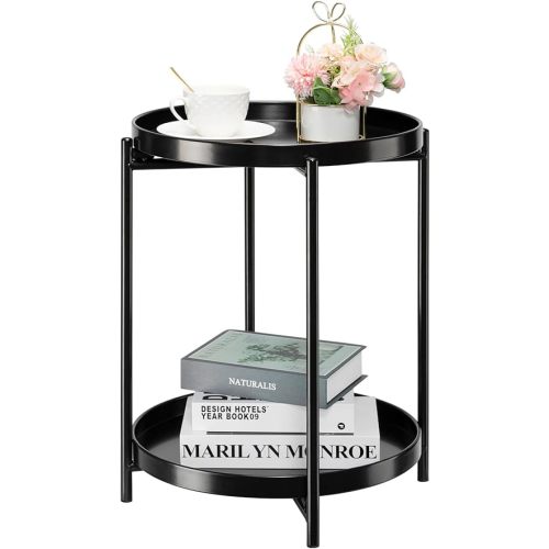 danpinera 2-Tier Round Side Table, Metal End Table with Removable Tray, Small Outdoor Table Accent Table, Anti-Rust Black Nightstand for Bedroom Balcony Patio (Black)