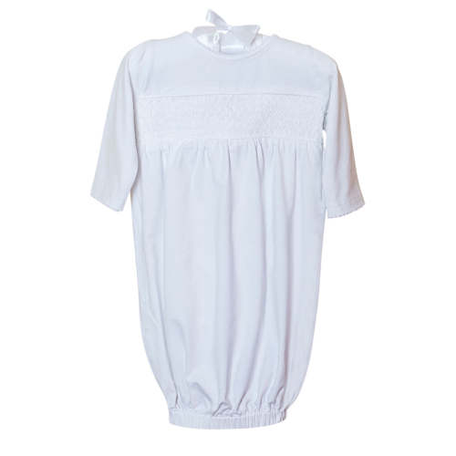 Smocked Baby Gown in White Knit