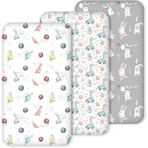 Nap Mat Sheet 47"x24", 3 Pack Dinosaur Baby Crib Sheets Fitted Elastic Corners, Preschool Day Care Rest Mat Cover, Soft Breathable - Compatible with Regalo My Cot, Joovy Travel Cot